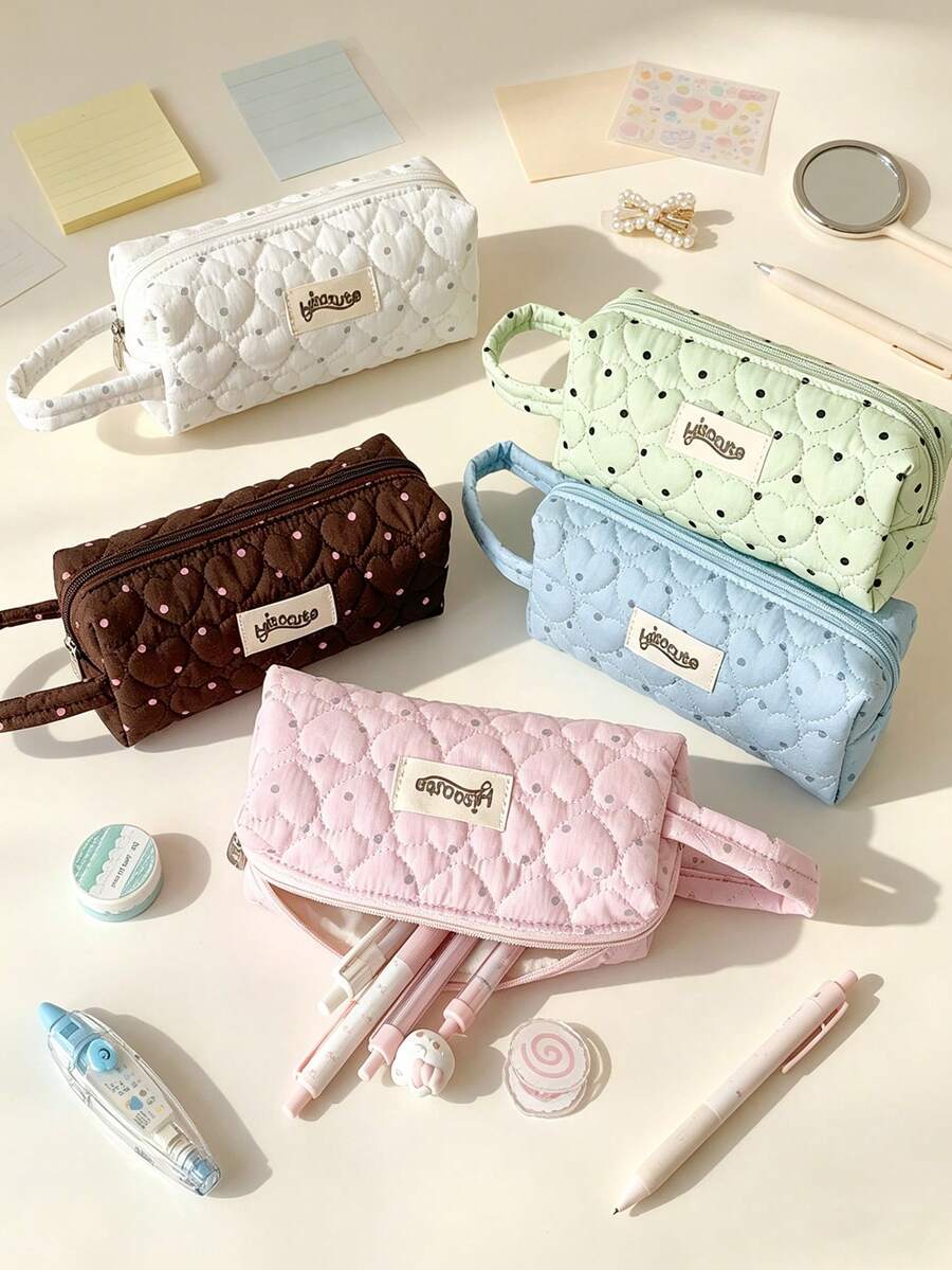 Cute Quilted Heart Mini Pouch Zipper Cosmetic & Brushes Storage Bag Portable Makeup Bag Coin Purse Lightweight Travel Toiletry Bags Pencil Case - Multicolor - View 1