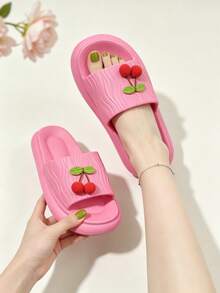 Women's DIY 3D Cherry Slippers, Open Toe EVA Non-Slip Bathroom Slippers, Wide Toe, Soft Comfortable Lightweight, Suitable For Indoor And Outdoor Use - 6787-rose Red - View 2