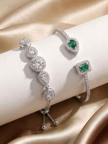 1 Set Fashion Cubic Zirconia Asymmetrical Women's Bracelet & Bangle Set, Silver-Plated Shiny Jewelry, Party Music Festival Daily Travel Accessories, Anniversary Birthday Gift For Partner Best Friend Girlfriend - ST-298 White Green + WDST-84 - View 2
