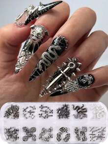 2 Boxes Gothic Halloween Metal Nail Art Charms, Snake Skull Cross Rivet, Silver Black Caviar Beads Rhinestone Chain, Punk Nail DIY Decoration - Multicolor - View 2