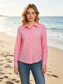 Women's Cotton Linen Blouse With Long Sleeves, Plus Size - Pink 1 - View 10