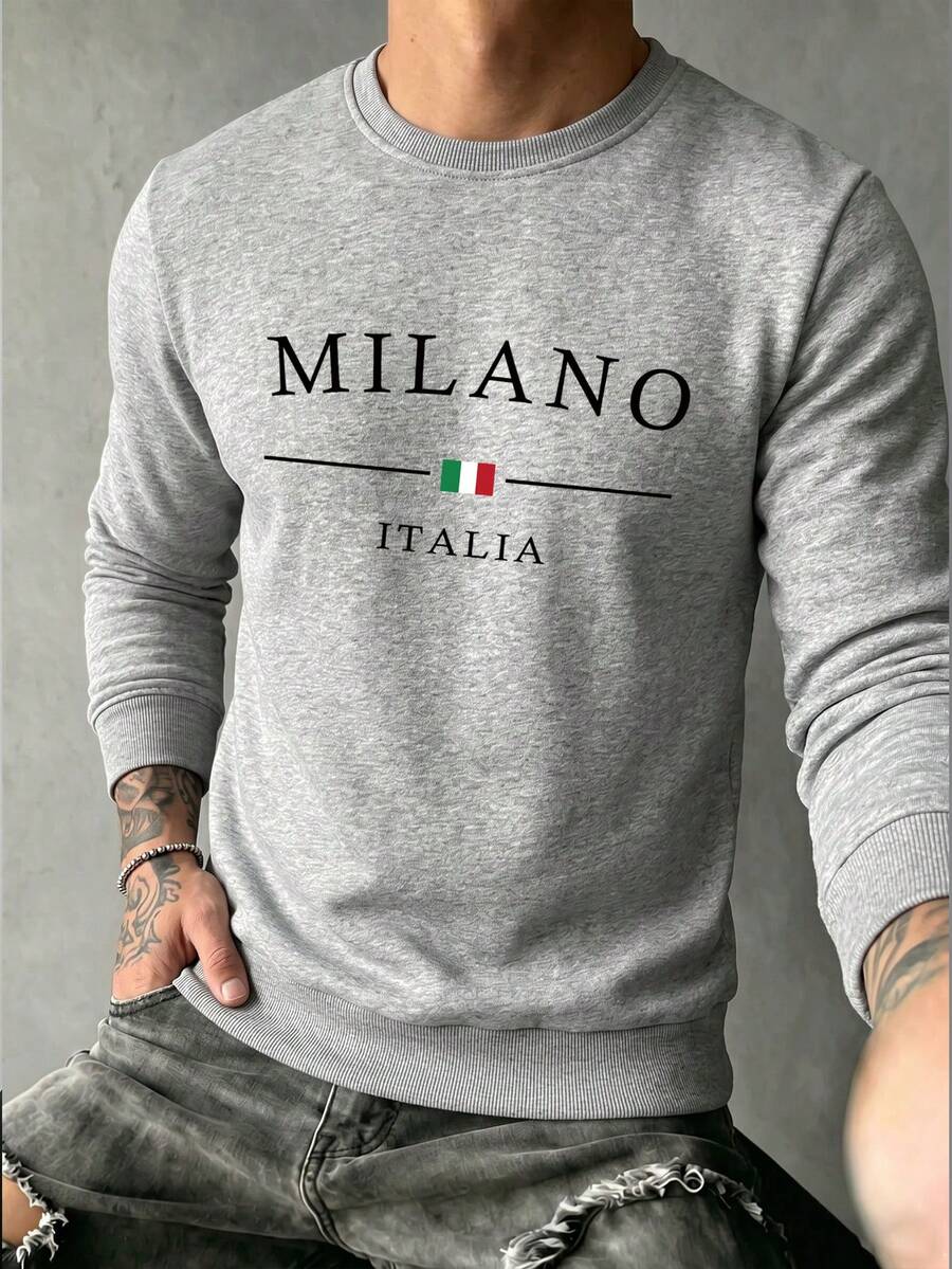 男士春/秋休閒時尚 MILANO 印花圓領運動衫 - 灰色 - 查看 1