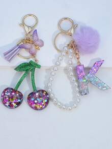 1pc Resin Starry Sky Epoxy Letter Keychain With Black Fur Ball Tassel Decor, Heart Pendant Gift For Friend And Mom - Mauve Purple - View 31