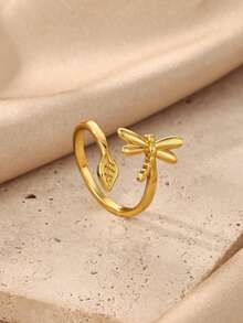 Anillo de mujer con diseño de libélula y hoja chapado en oro de 18K, anillo ajustable abierto resistente a la decoloración, joyería de boda única, adecuado para vacaciones, fiestas y accesorios de baile, regalo perfecto de cumpleaños/aniversario para novia/mamá/mejor amiga - Varios - Ver 4