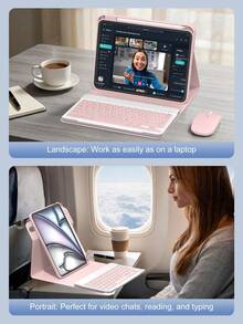 無線鍵盤與滑鼠套組，相容 iPad A16 11代/10代、9代/8代/7代 10.2 吋、Air 10.9 吋/11 吋、Pro 11 吋，PU 皮革平板配件，可拆卸無線鍵盤（150mAh 電池）與附筆槽保護殼 - 粉色 - 查看 4