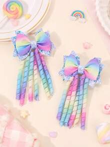 2pcs Dopamine Ombre Curly Hair Clips For Girls,Elegant Bows Headdress For Daily,Sparkling Party Star Barrettes,Fashionable Girly Hair Accessories - Multicolor - View 6