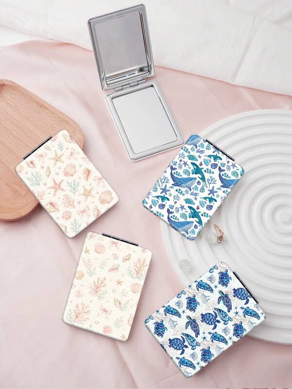 1PC Vintage Ocean Series Portable Folding Makeup Mirror, Lightweight Ultra-Thin Convenient Durable PU Leather, Suitable For Various Occasions, Travel, Party, Work, School, Suitable For All Ages