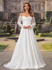 HEARBOBO Vintage Off-Shoulder Wedding Dress, Long Bridal Gown With Exquisite Lace Embroidery And Half Sleeves Fall White - White - View 5