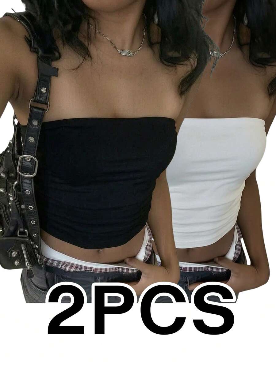 2件組女款平口露背修身短版上衣，夏季新款純色休閒百搭時尚日常穿搭 - 彩色 - 查看 1