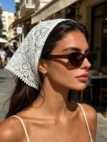 1pc Vintage Artistic Hollow Lace Crochet Triangular Headscarf With Delicate Tassel Trim, Breathable Tie-Up Hair Band, European And American Women's Small Town Travel Photography, French Style Wedding Bride Lazy Elegant Hair Accessory - Multicolor - View 9