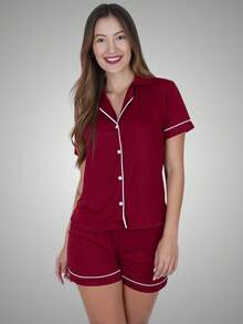 American Style Nursing Pajama Set With Button-Down Top And Shorts - Maroon - View 1