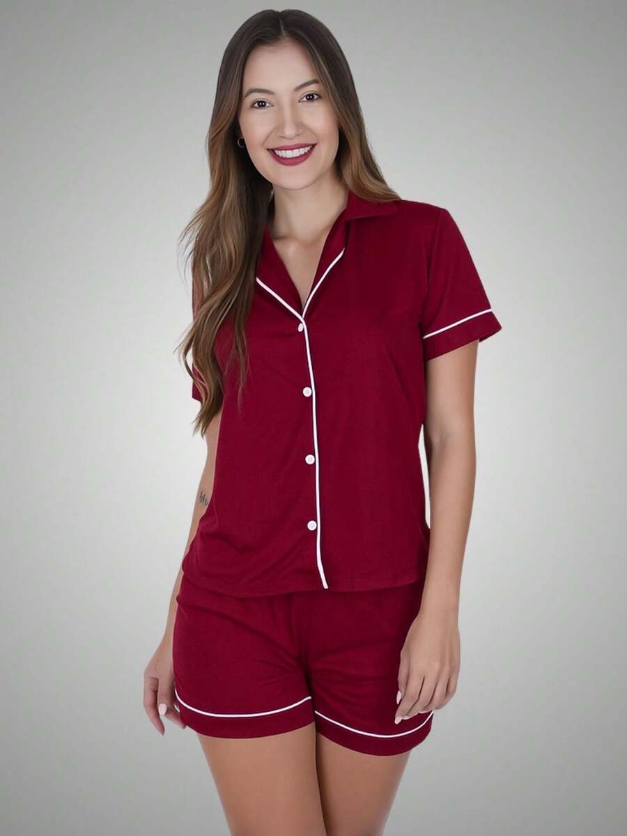 American Style Nursing Pajama Set With Button-Down Top And Shorts - Maroon - View 1