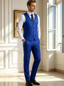 Conjunto de fato masculino de 2 peças, blazer e calças elegantes de cor lisa com corte slim, adequado para negócios, casamentos, festas, tamanho XS-XXXL - Azul Real - View 1