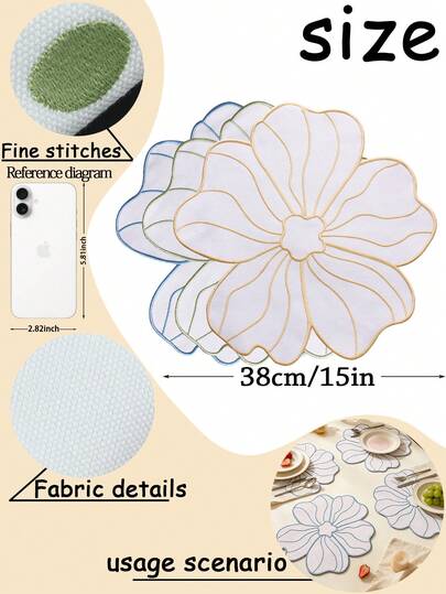 1-12pcs Large Petal White Gold Thread Embroidered Placemats, Southern French Cream Style Thickened Fabric Heat-Resistant Non-Slip Table Mats, Garden Party Anniversary Wedding Banquet Outdoor Picnic Spring Summer Table Decor