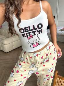 2件組 Hello Kitty 印花女款細肩帶短版背心 + 直筒彈性腰長褲居家休閒套裝 - 黃色 - 查看 3