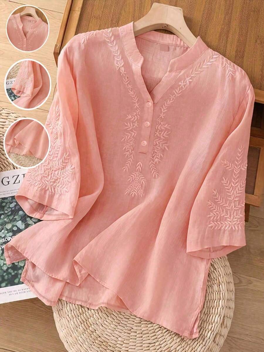 Women's Spring/Summer Solid Color Non-Positioned Embroidery Artistic Loose Casual Linen Top, Casual Blouses For Women,Vacation,Holiday,Country Concert,Pink Top - Pink - View 1