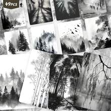 49PCS Retro Atmospheric Ink Wash Stickers, Vintage Monochrome Forest & Mystical Nature Aesthetic Cutout Sticker Set For Journals, Scrapbook, Planner & Creative Collage - Stamp - View 2