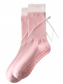 1 Pair Women's Pilates Yoga Socks, Silicone Non-Slip Sports Floor Socks, Faux Double Layer Design, Ballet Style With Bow And Ribbon Mid-Calf Socks - Multicolor - View 14