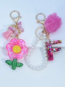 1pc Resin Starry Sky Epoxy Letter Keychain With Black Fur Ball Tassel Decor, Heart Pendant Gift For Friend And Mom - Hot Pink - View 33