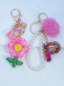 1pc Resin Starry Sky Epoxy Letter Keychain With Black Fur Ball Tassel Decor, Heart Pendant Gift For Friend And Mom - Hot Pink - View 19