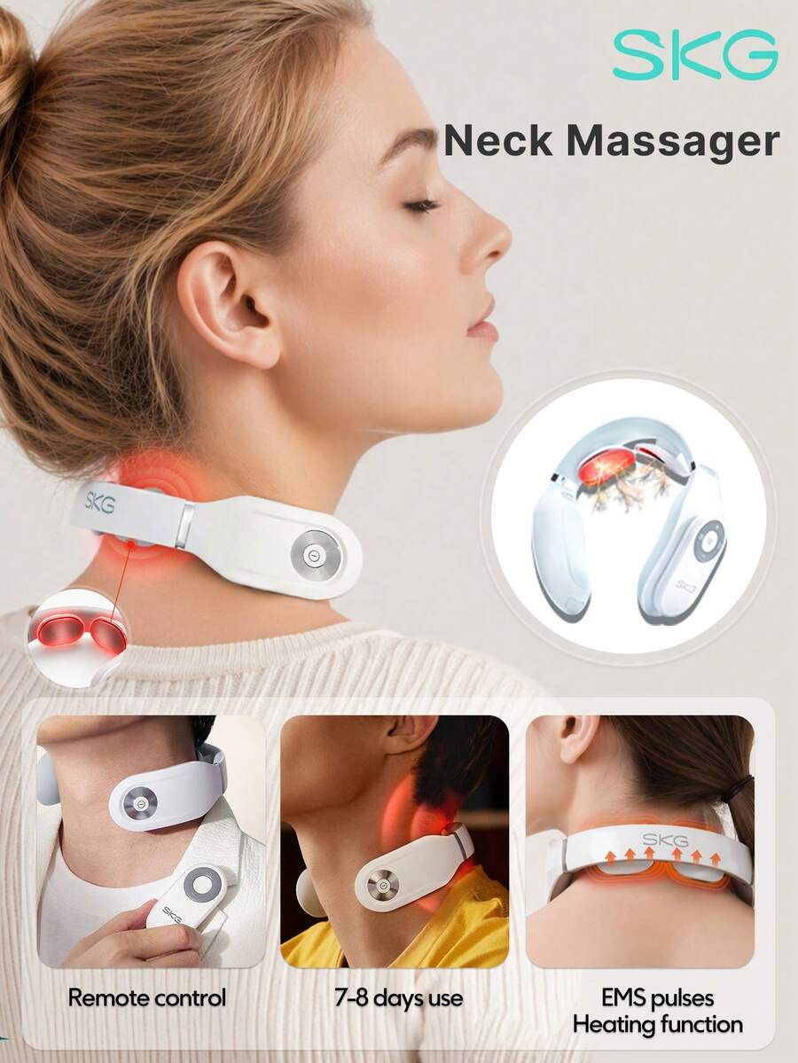 SKG Smart Neck Massage - 4098E , Gift For Parents, Men And Women, Electric Pulse Cervical Massager With Remote Control, 3 Modes 15 Intensities Cordless Intelligent Neck Relaxer For Office Desk Work, Travel, Home Relaxation,