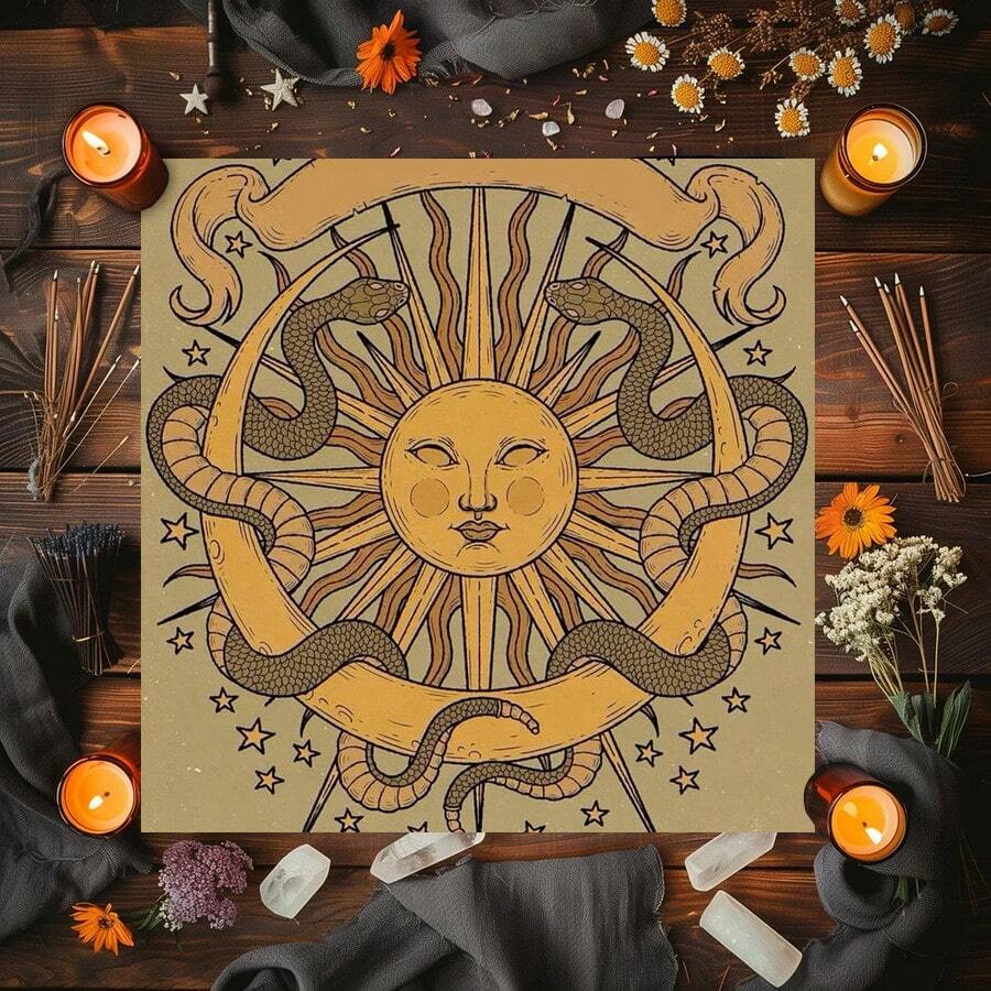 1pc Mysterious Sun And Moon Snake Altar Tablecloth Starry Sky And Celestial Elements Tarot Cards Divination Room Decoration - Black - View 1
