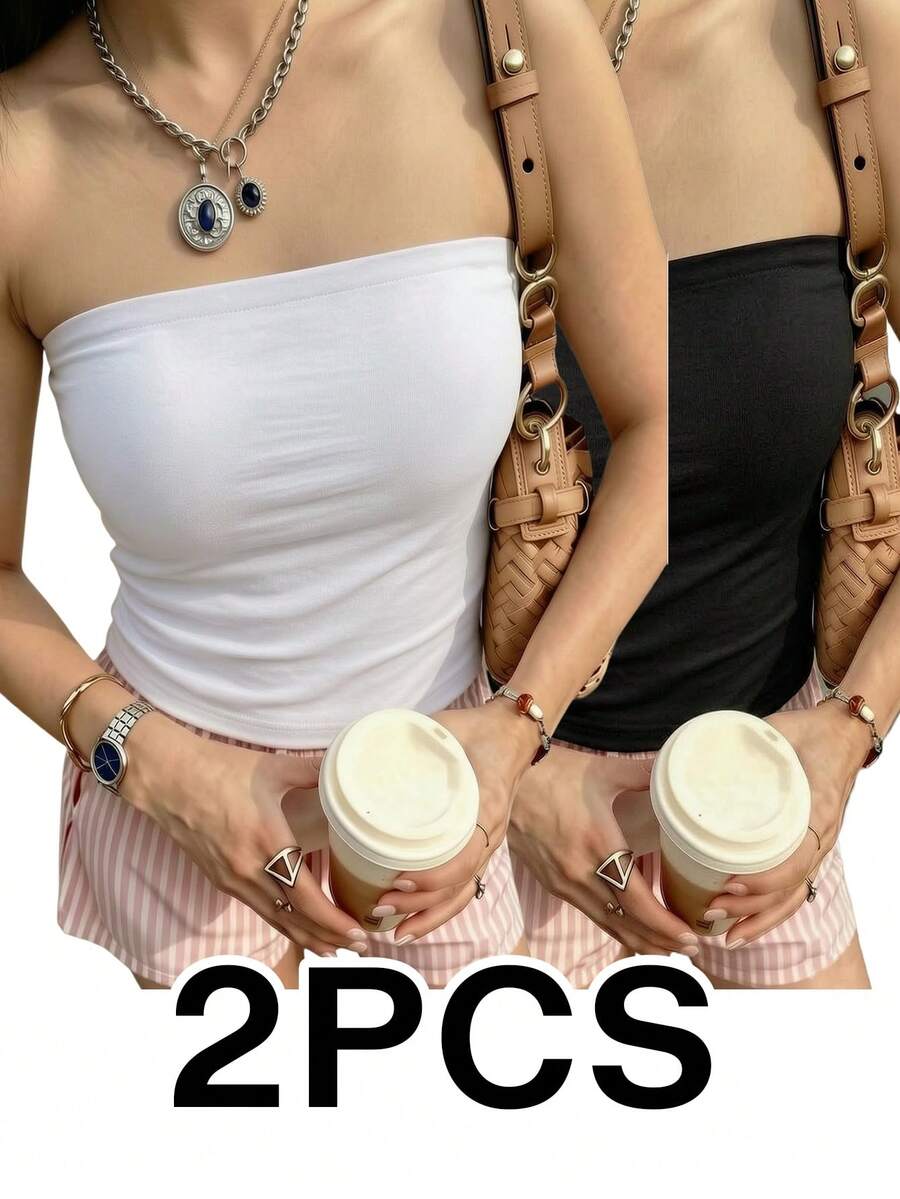 2件組女款平口露背短版上衣，夏季新款純色休閒百搭修身短版上衣，時尚日常穿搭 - 彩色 - 查看 1