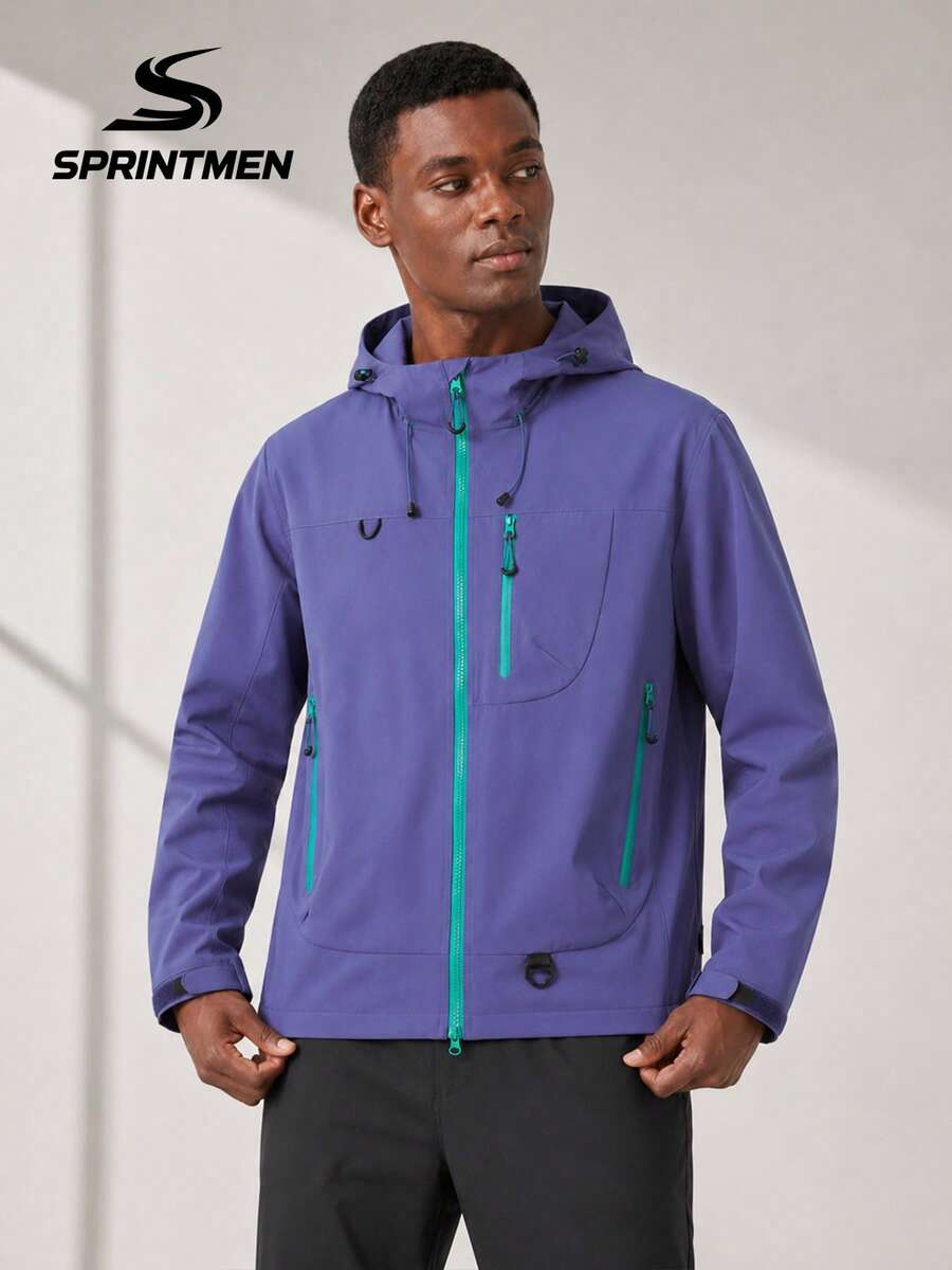 1pc Men's Spring/Autumn Outdoor Functional Hooded Softshell Jacket, Purple Contrast Color, Comfortable Fabric, Drawstring + Multi-Zipper Pockets, Adjustable Hood + Hem, Suitable For Outdoor Hiking, Climbing - Purple - View 1