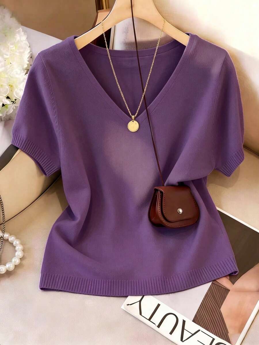 Sweater Rajut Lengan Pendek Leher V, Kain Sutra Dingin yang Lembut dan Bernapas, Desain Minimalis Elegan, Efek Melangsingkan, Leher Bulat Klasik, Serbaguna untuk Acara Kasual Musim Semi/Panas, Kerja, Kencan, Pesta, dan Liburan - Purple - View 1