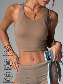 High-Impact Yoga Tank Top Women's Anti-Shock Sports Bra Push-Up Shaping One-Piece Fitness Bra - Camel - View 1