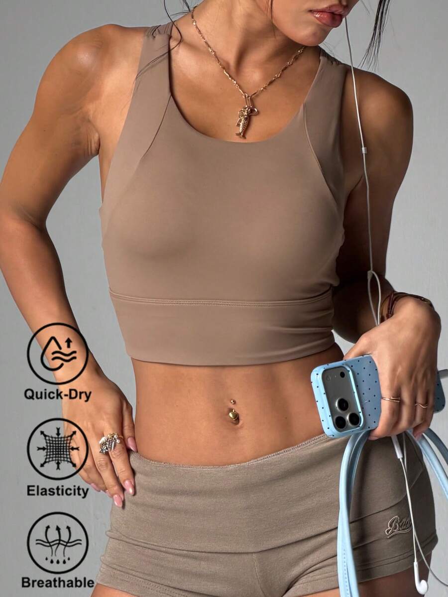 High-Impact Yoga Tank Top Women's Anti-Shock Sports Bra Push-Up Shaping One-Piece Fitness Bra - Camel - View 1