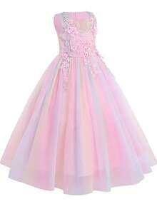 Tween Girl Colorful Tulle 3D Floral Princess Dress, Wedding Flower Girl, Birthday Party, Holiday Gathering, Host, Piano Performance Evening Gown - Multicolor - View 4