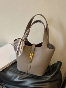 現代優雅精緻金屬裝飾女款手提包，時尚百搭優雅絲巾肩帶水桶包 - 灰色 - 查看 6