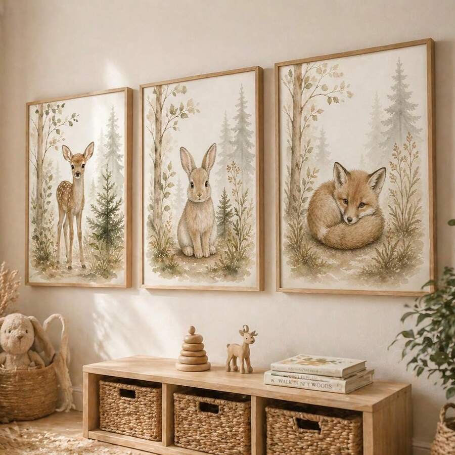 Set Of 3 Woodland Animal Watercolor Canvas Prints Neutral Boho Forest Wall Art Featuring Spotted Deer, Bunny And Red Fox, Muted Sage & Beige Botanical Pine Tree Background, Soft Minimal Nursery Wall Decor For Baby Bedroom, Playroom & Cottage Interior - A - View 1