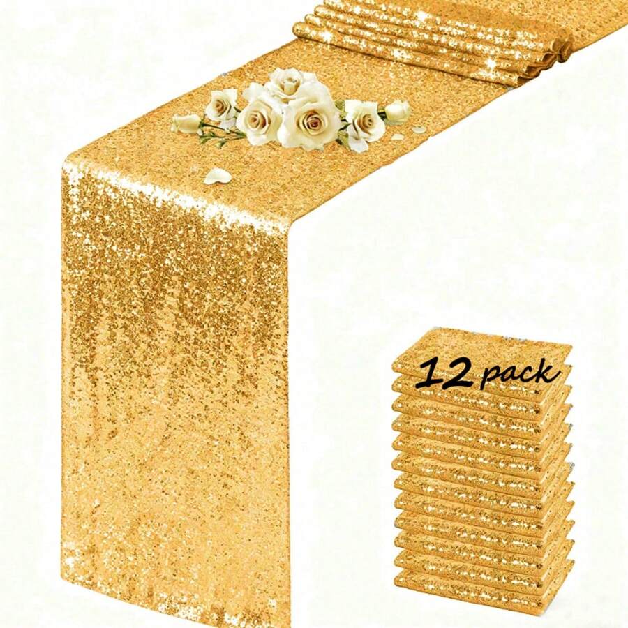 eluckya 1/6/12Pack Gold Sequin Table Runner – Sparkling Sequined Fabric, Christmas Table Runner, Suitable For Weddings, Parties, Room Decor, Valentine's Day, Centerpiece Decorations, Satin Silk Texture Tablecloth, Festive Home And Dining Room Decorations - 金色 - 查看 1