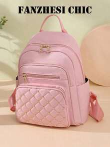 Sweet Solid Color Rhombus Stitched Daypack With Side Storage Pockets, Adjustable Wide Shoulder Strap Fashion Storage Backpack For Women Outdoor Use - Pink - View 5