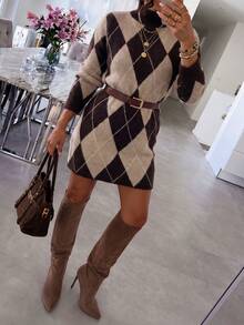 Plus Size Women's Diamond Lattice Long Sleeve Casual Knit Dress - Multicolor - View 4