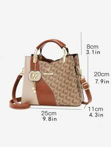 Retro Allover Letter Print Handbag Combo, Color Block Splicing Shoulder Bag With Detachable Adjustable Strap & Gold Metal Hardware - Brown - View 7