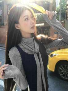 Korean Style Ribbon Long Sleeve T-Shirt & Fitted Camisole Top 2-Piece Set For Women - Grey - View 2