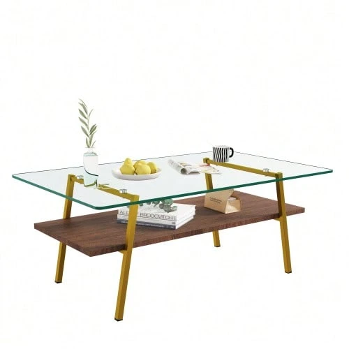 Coffee Table Made Of Tempered Glass, Rectangular Coffee Table, Metal Legs, Modern Living Room Table, H42.5/W98/D58 Cm - Blush+Gold - 查看 1