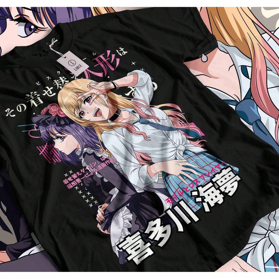 Vintage Grafik-T-Shirt Marin Shizuku mit Schuluniform für Damen und Herren, Retro Isekai Waifu Y2K Stil, lässiges Kurzarm-Shirt - Schwarz - Übersicht 1