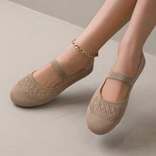 1 par de zapatos Mary Jane de punto hueco para niñas, con correa elástica única, suela plana suave, zapatos tipo slip-on, transpirables, ligeros, antideslizantes, para uso diario, casual, versátil, cómodo y sin fatiga - Caqui - Ver 4