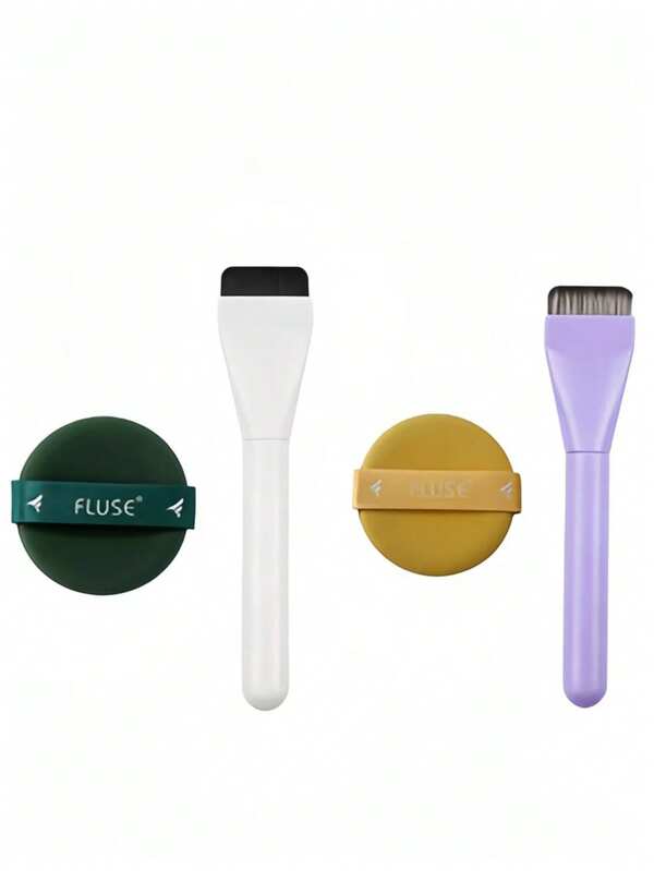 Seamless Flat Head Soft Bristle Foundation Brush With Dual-Color Flocked Cushion Powder Puff Set, Smooth Application Without Irritation, Quickly Creates Clear Base Makeup, Dual-Use For Wet And Dry, Suitable For Foundation Liquid And Loose Powder, Makeup Tools For Makeup Training Institutions, Beauty Salons, Makeup Artists And Beginners