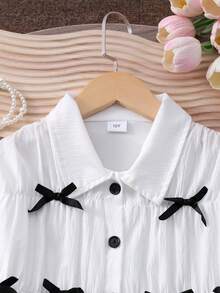 Blus Anak Perempuan Gaya Prancis Manis dengan Hiasan Pita, Lengan Pendek Mengembang, Lengan Panjang, Kerah Kecil, Kancing Putih, Kasual Sehari-hari Musim Semi/Gugur - Putih - View 4