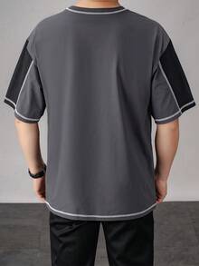 T-shirt de manga curta folgada com patchwork colorblock para homem, verão - Cinza escuro - Ver 3