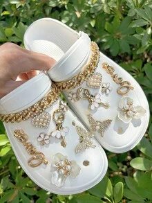 New 16pcs DIY Gold Ballet Angel Girl Chain, Heart, Flower, Butterfly, Faux Pearl Camellia Detachable Shoe Flower Decoration Buckle, Suitable For Garden Shoes, Beach Shoes, Sandals, Slippers, Holiday Gifts - Gold - View 4