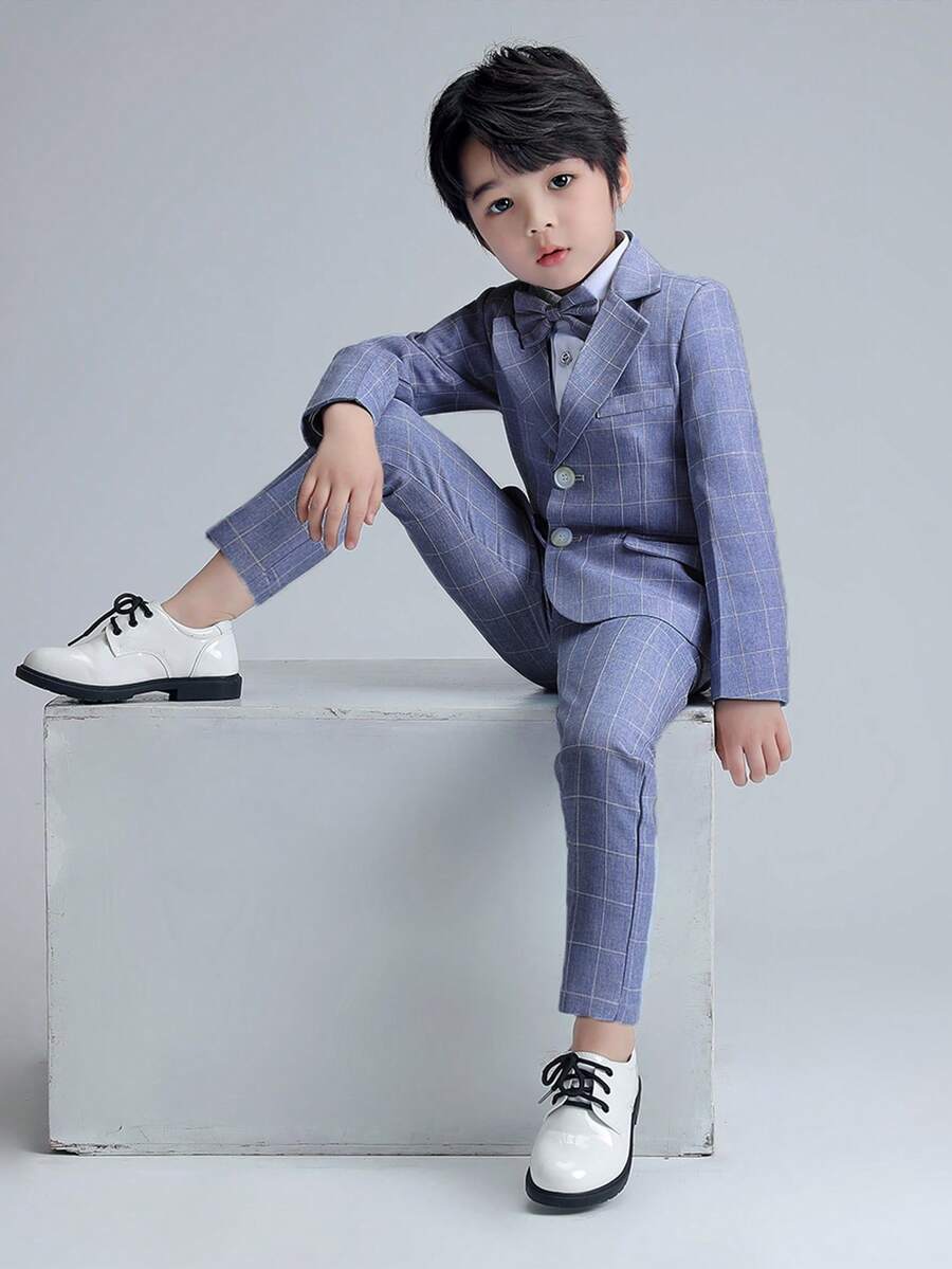 3 件套年轻男孩格子西装外套、裤子、领带套装,适合晚宴、婚礼、演出、校服、秋季等正式场合 - 藏蓝色 - 查看 1