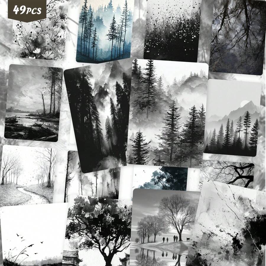 49PCS Retro Atmospheric Ink Wash Stickers, Vintage Monochrome Forest & Mystical Nature Aesthetic Cutout Sticker Set For Journals, Scrapbook, Planner & Creative Collage - Stamp - View 1