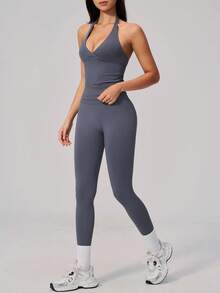 NcmRyu Women's One Set Solid Color Halter Neck Backless Tank Top Ribbed Waist Leggings Sports Set - Grey - View 7