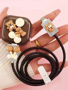 5pcs/Set Milk Tea Bear Cherry Style Apple Data Cable Protector Sleeve Compatible With UK 20W Charger Protective Case Prevent Breakage - Multicolor - View 3